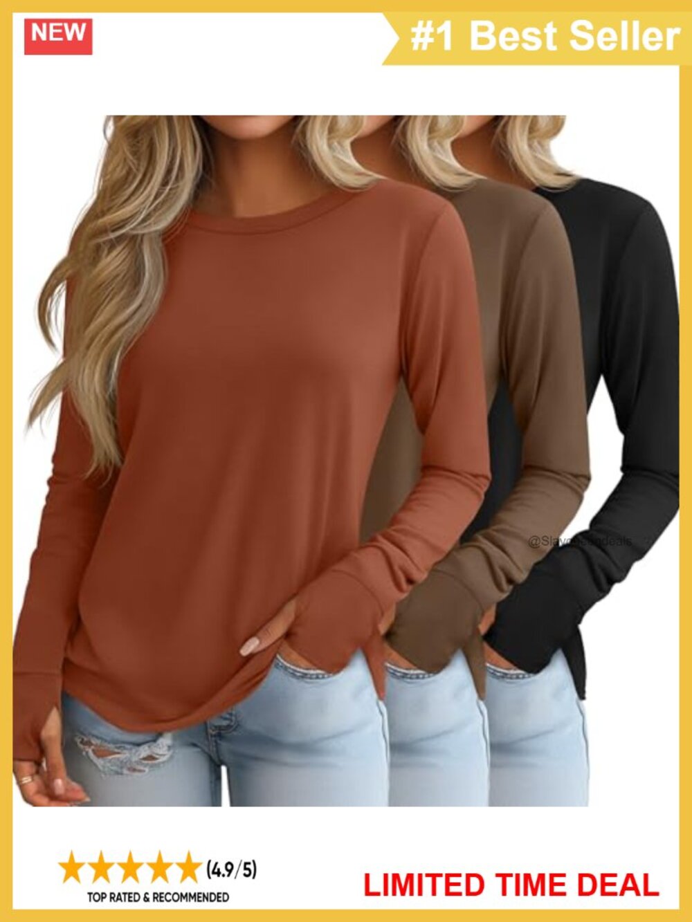 Womens Long Sleeve Cotton Shirts Thumb Holes Crew Neck Tunic Top 3 Pack